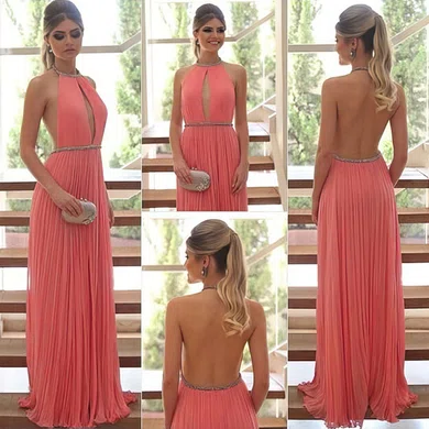 A-line Halter Chiffon Floor-length Beading Prom Dresses #UKM020104388