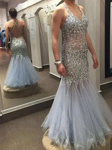 Trumpet/Mermaid V-neck Tulle Floor-length Crystal Detailing Prom Dresses #UKM020104391
