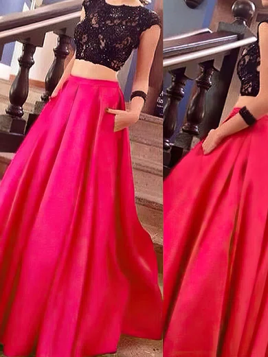Ball Gown Illusion Satin Two Piece Prom Dresses With Appliques #UKM020104397