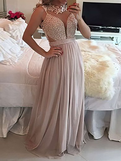 A-line Scoop Neck Chiffon Floor-length Appliques Lace Prom Dresses #UKM020104407