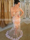 Trumpet/Mermaid Scoop Neck Tulle Floor-length Appliques Lace Prom Dresses #UKM020104424