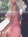 Sheath/Column Off-the-shoulder Silk-like Satin Sweep Train Appliques Lace Prom Dresses #UKM020104429