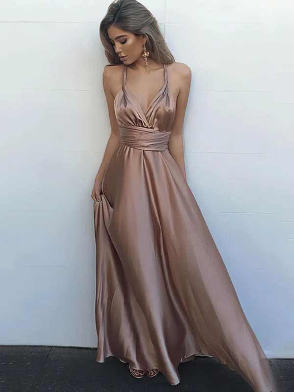A-line Floor-length V-neck Silk-like Satin Ruffles Prom Dresses #UKM020104433