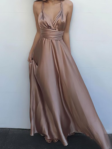 A-line Floor-length V-neck Silk-like Satin Ruffles Prom Dresses #UKM020104433