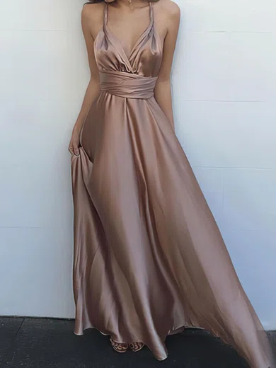 A-line V-neck Satin Cut Out Prom Dresses With Ruched #UKM020104433