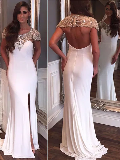 Sheath/Column Scoop Neck Jersey Sweep Train Split Front Prom Dresses #UKM020104439