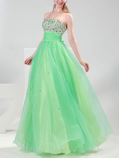 Princess Strapless Tulle Floor-length Beading Prom Dresses #UKM020104452
