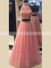 Princess High Neck Lace Tulle Sweep Train Beading Prom Dresses #UKM020104453
