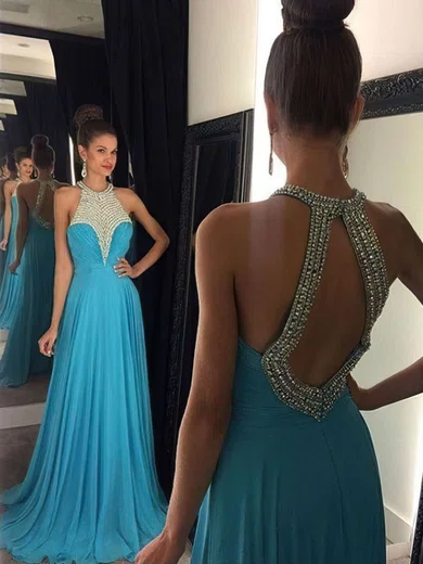 A-line Scoop Neck Chiffon Sweep Train Beading Prom Dresses #UKM020104454