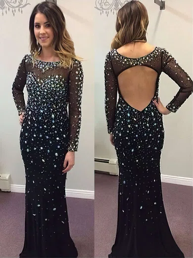 Sheath/Column Scoop Neck Chiffon Sweep Train Beading Prom Dresses #UKM020104455