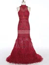 Trumpet/Mermaid High Neck Tulle Feather Sweep Train Appliques Lace Prom Dresses #UKM020104461
