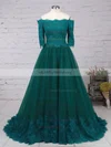 A-line Off-the-shoulder Lace Tulle Floor-length Appliques Lace Prom Dresses #UKM020104467