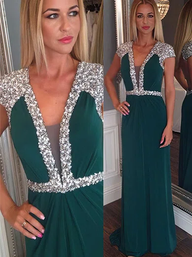 Sheath/Column V-neck Chiffon Sweep Train Crystal Detailing Prom Dresses #UKM020104472
