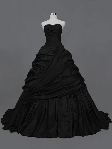 Black Ball Gown Strapless Taffeta Prom Dresses With Ruched #UKM020104473