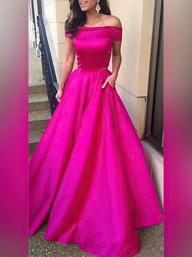 Ball Gown Off-the-shoulder Satin Modest Prom Dresses #UKM020104481