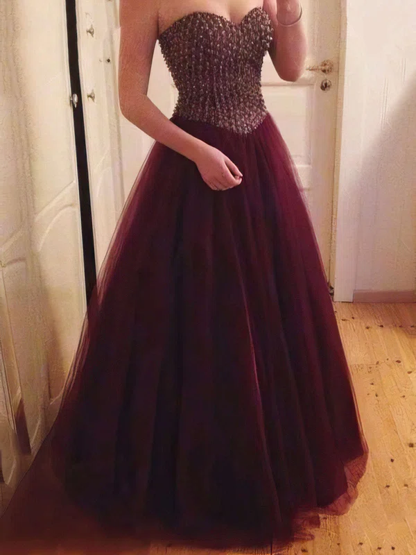 Princess Sweetheart Tulle Floor-length Beading Prom Dresses #UKM020104488