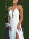 A-line V-neck Chiffon Floor-length Split Front Prom Dresses #UKM020104497
