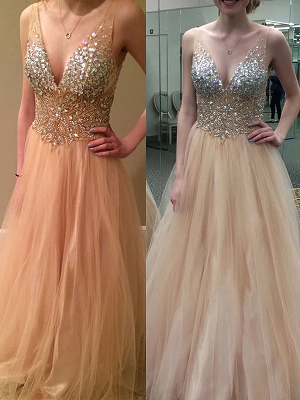 Princess V-neck Tulle Floor-length Crystal Detailing Prom Dresses #UKM020104498
