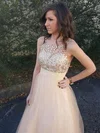 A-line Scoop Neck Tulle Floor-length Beading Prom Dresses #UKM020104502