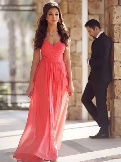 A-line Sweetheart Chiffon Sweep Train Appliques Lace Prom Dresses #UKM020104512