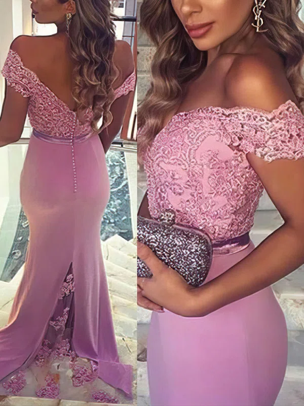 Trumpet/Mermaid Off-the-shoulder Jersey Sweep Train Appliques Lace Prom Dresses #UKM020104517