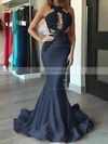 Trumpet/Mermaid Scoop Neck Jersey Sweep Train Appliques Lace Prom Dresses #UKM020104520