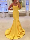 Trumpet/Mermaid V-neck Silk-like Satin Sweep Train Ruffles Prom Dresses #UKM020104529