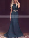 Trumpet/Mermaid Scoop Neck Satin Tulle Sweep Train Appliques Lace Prom Dresses #UKM020104536