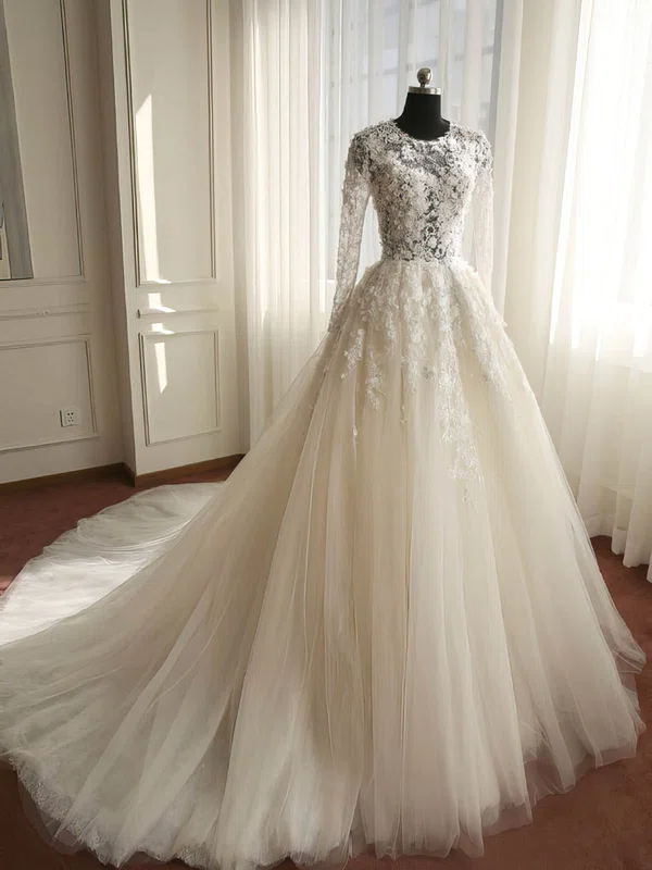Tulle Scoop Neck Ball Gown Court Train with Appliques Lace Wedding Dresses #UKM00023008