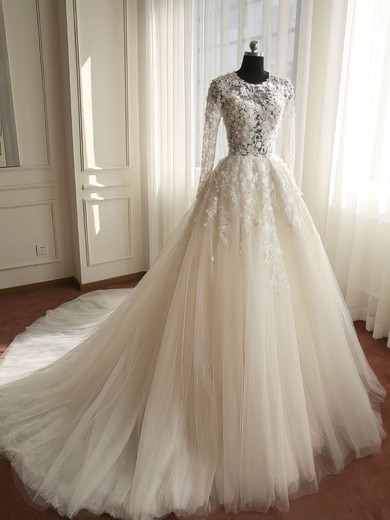 Ball Gown Illusion Tulle Court Train Wedding Dresses With Appliques Lace #UKM00023008