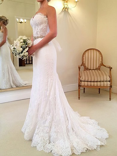 Trumpet/Mermaid Sweetheart Lace Sweep Train Wedding Dresses With Sashes / Ribbons #UKM00023014