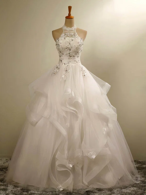 Ball Gown Halter Tulle Floor-length Wedding Dresses With Cascading Ruffles #UKM00023020