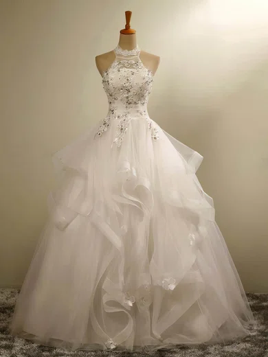 Ball Gown/Princess Halter Tulle Floor-length Wedding Dresses With Cascading Ruffles #UKM00023020