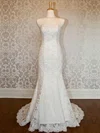 Tulle Strapless Trumpet/Mermaid Sweep Train with Appliques Lace Wedding Dresses #UKM00023021