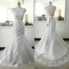 Trumpet/Mermaid V-neck Tulle Sweep Train Wedding Dresses With Appliques Lace #UKM00023023