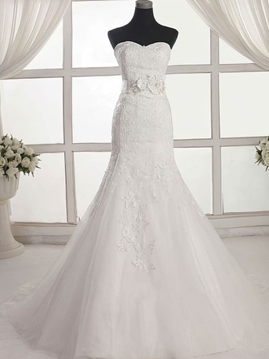 Tulle Sweetheart Trumpet/Mermaid Sweep Train with Appliques Lace Wedding Dresses #UKM00023027
