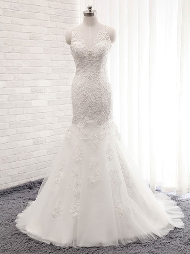 Trumpet/Mermaid V-neck Tulle Sweep Train Wedding Dresses With Appliques Lace #UKM00023028