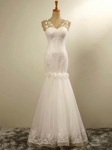 Trumpet/Mermaid V-neck Tulle Floor-length Wedding Dresses With Beading #UKM00023029