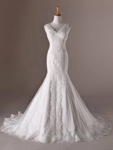 Trumpet/Mermaid V-neck Tulle Sweep Train Wedding Dresses With Appliques Lace #UKM00023032