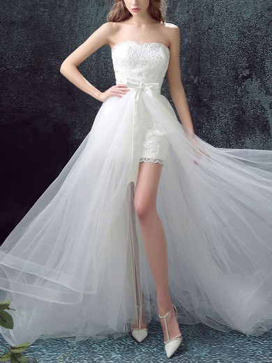 A-line Straight Lace Tulle Sweep Train Wedding Dresses With Sashes / Ribbons #UKM00023033