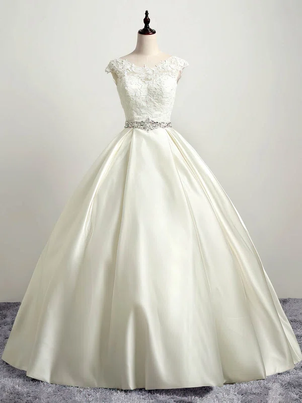 Ball Gown Illusion Satin Floor-length Wedding Dresses With Appliques Lace #UKM00023035