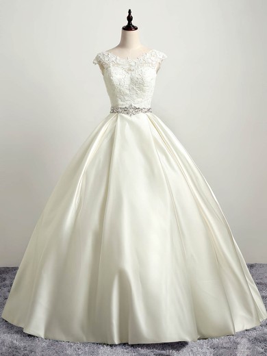 Satin Tulle Scoop Neck Ball Gown Floor-length with Appliques Lace Wedding Dresses #UKM00023035