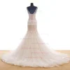 Tulle Scoop Neck Trumpet/Mermaid Sweep Train with Appliques Lace Wedding Dresses #UKM00023036