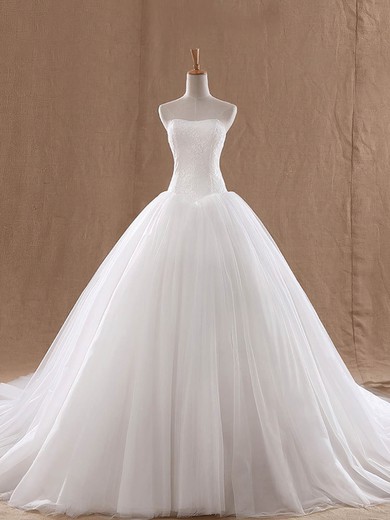 Lace Tulle Strapless Ball Gown Court Train with Ruffles Wedding Dresses #UKM00023037