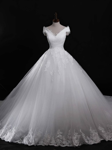 Ball Gown V-neck Tulle Cathedral Train Wedding Dresses With Appliques Lace #UKM00023040