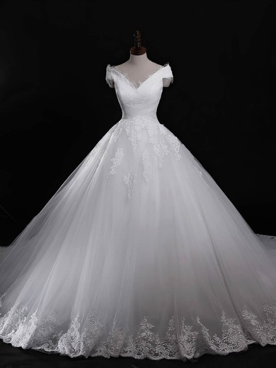 Tulle V-neck Ball Gown Cathedral Train with Appliques Lace Wedding Dresses #UKM00023040