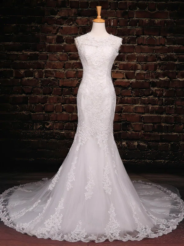Trumpet/Mermaid Illusion Tulle Court Train Wedding Dresses With Appliques Lace #UKM00023042