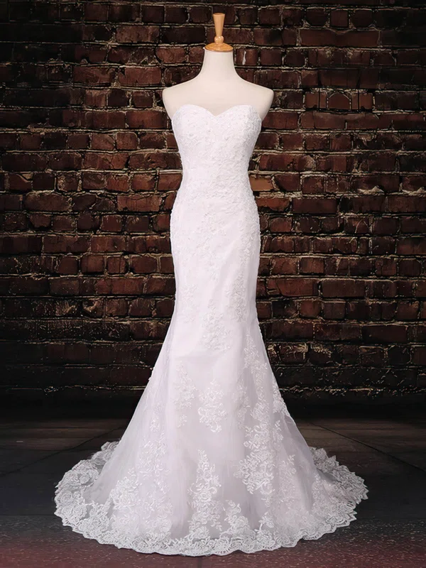 Trumpet/Mermaid Sweetheart Tulle Sweep Train Wedding Dresses With Appliques Lace #UKM00023043