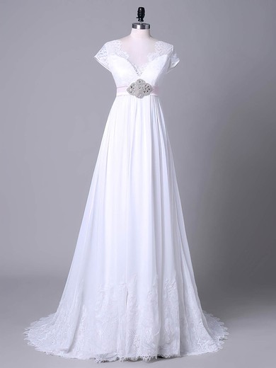 A-line V-neck Chiffon Sweep Train Wedding Dresses With Appliques Lace #UKM00023045