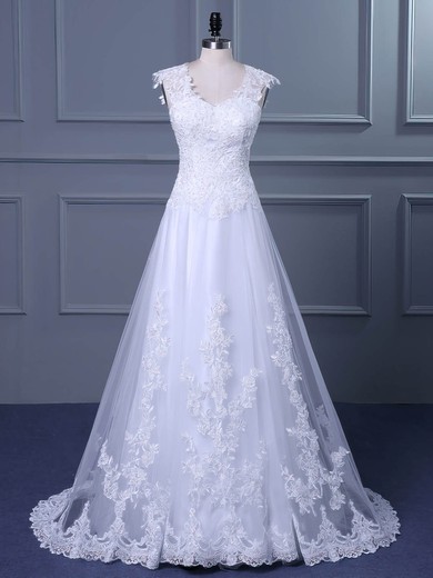 Ball Gown V-neck Tulle Sweep Train Wedding Dresses With Appliques Lace #UKM00023047